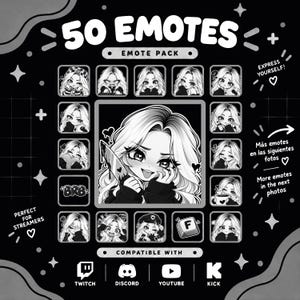 Può includere: Un pacchetto di emote digitale in bianco e nero con 50 illustrazioni di un personaggio dai capelli lunghi con varie espressioni. L'immagine centrale mostra il personaggio che tiene un coltello. Il testo include 50 EMOTES, EMOTE PACK, BRB, F e loghi.