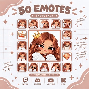 Puede incluir: Un paquete de emoticonos digitales con 50 iconos ilustrados de un personaje con cabello largo castaño y ojos marrones. La colección incluye varias expresiones faciales, una corona dorada, una taza de café y un diamante. Texto: 50 EMOTES, EMOTE PACK, TWITCH, DISCORD, YOUTUBE, KICK.