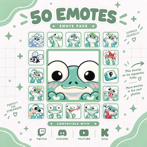 May include: A digital emote pack featuring 50 illustrations of a teal frog character with large eyes in various expressions. The graphic includes the text 50 EMOTES, EMOTE PACK, and icons for Twitch, Discord, YouTube, and Kick, set against a light green background.