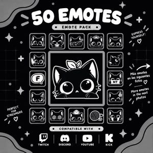 Könnte beinhalten: Ein digitales Emote-Paket mit 50 schwarz-weißen Katzenillustrationen. Die Sammlung enthält verschiedene Ausdrücke und Aktionen, wie eine Katze mit einem Blatt, einem Messer, einer Sonnenbrille und einem Wollknäuel. Text: 50 EMOTES, EMOTE PACK, COMPATIBLE WITH TWITCH, DISCORD, YOUTUBE, KICK.