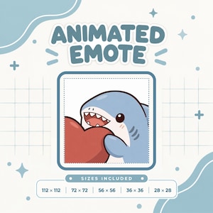 Puede incluir: Un emote animado que muestra un tiburón azul claro sosteniendo un gran corazón rojo. El texto dice ANIMATED EMOTE y SIZES INCLUDED con las dimensiones 112x112, 72x72, 56x56, 36x36 y 28x28 píxeles sobre un fondo de cuadrícula azul claro.