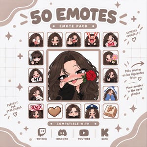 Op de afbeelding: Een digitaal emote-pakket met 50 illustraties van een personage met lang bruin haar. De collectie bevat diverse uitdrukkingen en acties, zoals het vasthouden van een rode roos, een mes of bordjes met de tekst GG, NT of RAID. Compatibel met streamingplatforms.