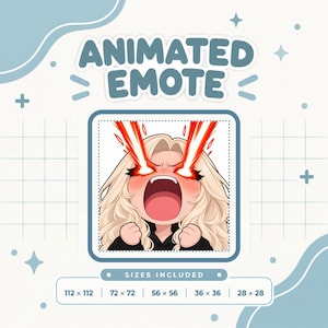 Puede incluir: Un gráfico de emote animado que muestra a un personaje rubio con la boca abierta y rayos láser rojos saliendo de sus ojos. El texto dice ANIMATED EMOTE y SIZES INCLUDED con dimensiones de 112x112, 72x72, 56x56, 36x36 y 28x28 píxeles.