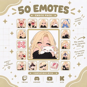 Könnte beinhalten: Eine digitale Sammlung von 50 Emotes mit einer illustrierten blonden Figur in verschiedenen Ausdrücken und Posen, darunter mit einer weißen Katze, mit Sonnenbrille und mit einem Messer. Die Grafik enthält Textbeschriftungen und Plattform-Symbole.
