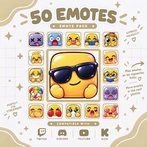50 Essential Square Emoji Emotes | Cute Kawaii Twitch Emotes | Funny Reaction Emoji Pack | Discord Kick YouTube Streamer Emotes