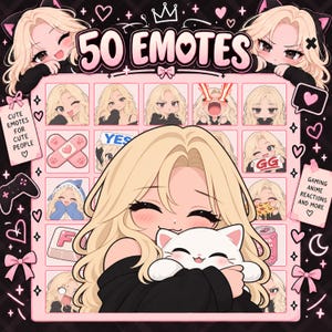 Puede incluir: Una colección digital de 50 emoticonos de estilo anime que muestran a un personaje rubio en varias expresiones y poses. La cuadrícula incluye iconos con texto como 'YES', 'GG' y 'F', junto a una imagen central del personaje abrazando a un gato blanco.