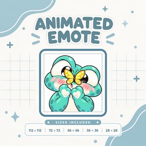Może przedstawiać: Animowana emotka przedstawiająca turkusową żabę z żółtym motylem na nosie. Tekst głosi ANIMATED EMOTE oraz SIZES INCLUDED z wymiarami 112x112, 72x72, 56x56, 36x36 i 28x28. Projekt zawiera niebieskie akcenty, gwiazdki oraz siatkę w tle.