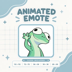 May include: An animated emote featuring a light green frog with large eyes waving its hand. The text reads ANIMATED EMOTE and SIZES INCLUDED with dimensions 112x112, 72x72, 56x56, 36x36, and 28x28. The design uses a blue and white color palette.