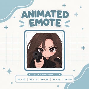 Puede incluir: Un emote animado que muestra un personaje de dibujos animados con cabello castaño largo apuntando con una pistola negra. El texto dice ANIMATED EMOTE y SIZES INCLUDED con dimensiones de 112x112, 72x72, 56x56, 36x36 y 28x28 píxeles.