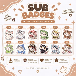 Può includere: Una collezione digitale di dodici badge per abbonati Twitch a tema gatto, che raffigura un gattino in vari costumi tra cui un fantasma, un fungo, un dinosauro, un'ape, un orso, un alieno, uno squalo, un pirata, un ninja, un robot e un re.