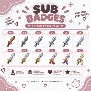 Puede incluir: Un conjunto gráfico digital de doce insignias de suscripción con temática de espadas para Twitch, con varios diseños desde hojas de madera simples hasta espadas doradas ornamentadas con gemas y cintas, numeradas del 01 al 12, con el texto SUB BADGES.