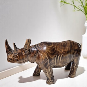 Hand-Carved Rosewood Rhino | African Animal Sculpture | Smoked Wood Decor