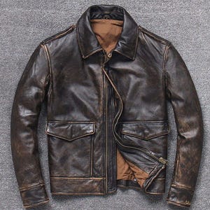 Blouson aviateur A2 vintage fait main pour homme | Blouson moto et motard en cuir marron effet vieilli