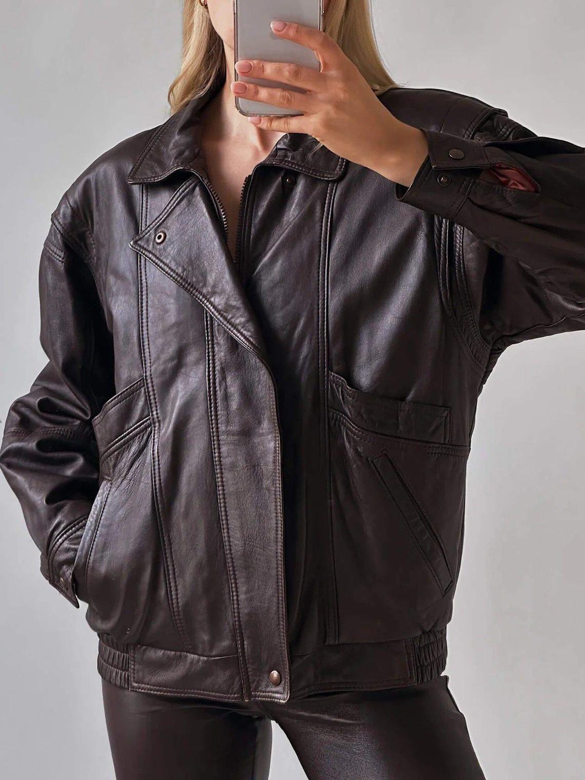 Women Deep Brown Leather Bomber Jacket, Straight Cut Sheep Leather