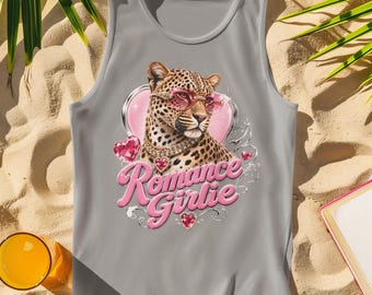 Camiseta sin mangas con estampado de leopardo y corazones rosas retro, detalles florales.