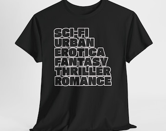 Camiseta de seis géneros: regalo perfecto para escritores, amantes de los libros, autores, lectores de novelas románticas, novios literarios, autores noveles y amantes de los libros.