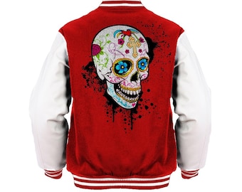 Chaqueta universitaria gótica con calavera de azúcar de la cultura pop – Estilo bomber de moda alternativa