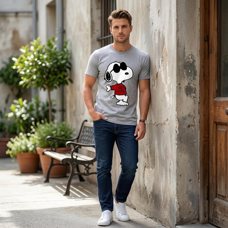 May include: A heather gray short-sleeve t-shirt featuring a graphic of a white cartoon dog wearing black sunglasses and a red shirt with the text JOE COOL printed in black. The shirt is paired with dark blue denim jeans and white sneakers.