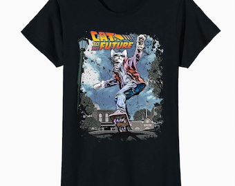 Cat To The Future Retro Skateboard T-Shirt: Movie Parody Kitten Top