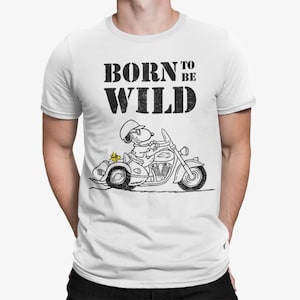 Peanuts Snoopy Sketch Born Wild Official Men's T-Shirt Woodstock Riding Bike Shirt Retro Cartoon Gift For Classic Comic Fan Tee