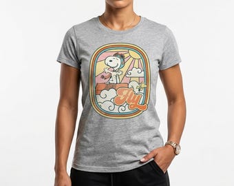 Peanuts Groovy Vibes Snoopy Woodstock Flying Ace Oficjalna damska koszulka w stylu vintage z lat 70.