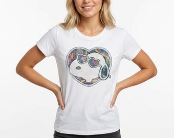 Oficjalna damska koszulka Peanuts Snoopy Love Groovy Vibes Heart Shades Retro Festival