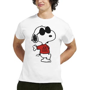 May include: A white short-sleeved t-shirt featuring a black and white graphic of the cartoon character Snoopy wearing black sunglasses and a red shirt with the text JOE COOL printed in black on the front of the shirt.