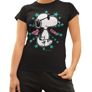 Peanuts Snoopy Joe Cool Official Women's SKINNY FIT T-Shirt Retro Cartoon Graphic Shirt Classic Comic Gift For Charlie Brown Top Tee