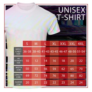 May include: A white short-sleeved t-shirt overlaid with a sizing chart. The chart displays columns for sizes S through 4XL, including rows for chest size in inches, UK women's size, and width, length, and sleeve measurements in centimeters.