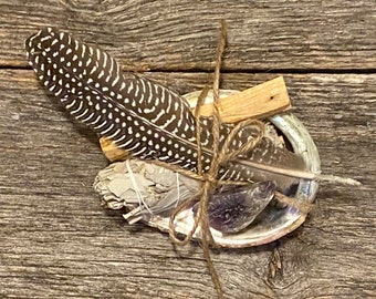 Smudging Set, Sage, Palo Santo, Amethyst, Feather, Abalone Shell, Calming and Soothing, House Blessing, Grounding, Cleansing