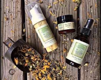 Clear Skin Set. All Natural Face Wash + Toner + Scrub/Mask. Tea Tree, Castille, Witch Hazel, Bentonite Clay, Org Chamomile & Oats Acne Care