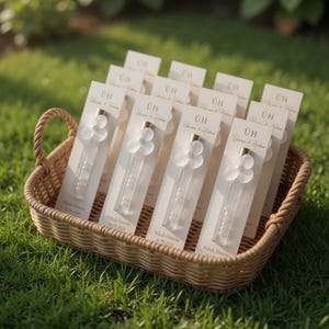 May include: A wicker basket filled with wedding favors on a bed of green grass. Each favor includes a clear tube with pearls, a white flower, and a card with the initials "UH" and the text "Nikah Hanan".