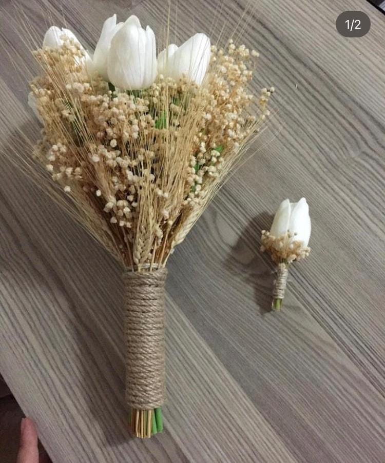 Tulip and Gypsophila Bridal Bouquet, White And Blue Wedding Bouquet, Gypsophila Flower Bouquet, White Tulip Bouquet and Groom Collar Flower