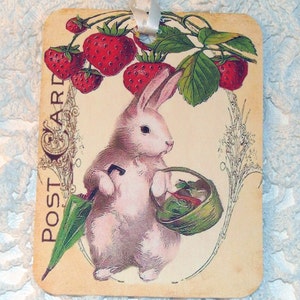Spring Bunny Tags Set of 4 Vintage Bunny Gift Tags Easter Bunny Strawberry Bunny Garden Bunny Cottage Chic Thank Yous image 1
