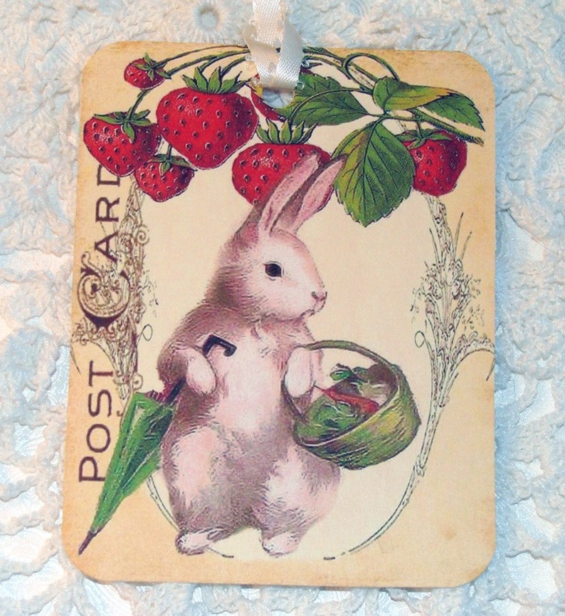 Spring Bunny Tags Set of 4 Vintage Bunny Gift Tags Easter Bunny Strawberry Bunny Garden Bunny Cottage Chic Thank Yous image 1