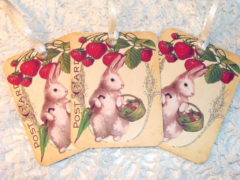 Spring Bunny Tags Set of 4 Vintage Bunny Gift Tags Easter Bunny Strawberry Bunny Garden Bunny Cottage Chic Thank Yous image 5