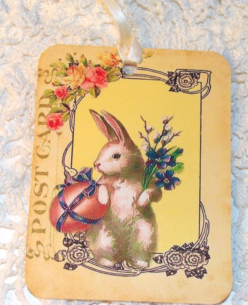 Spring Bunny Tags Set of 4 Vintage Bunny Gift Tags Easter Bunny Strawberry Bunny Garden Bunny Cottage Chic Thank Yous image 2