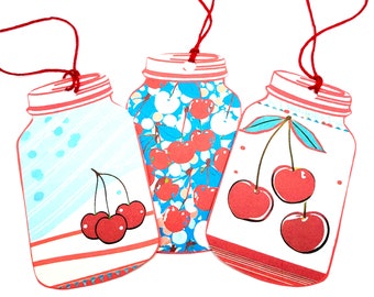 Cherry Gift Tags-Set of 12-Cherry Jar Tags-Shabby Chic /-Red White Blue-Fruit Tags- Juicy Cherries-Stationary-Junk Journals-Scrapbooking