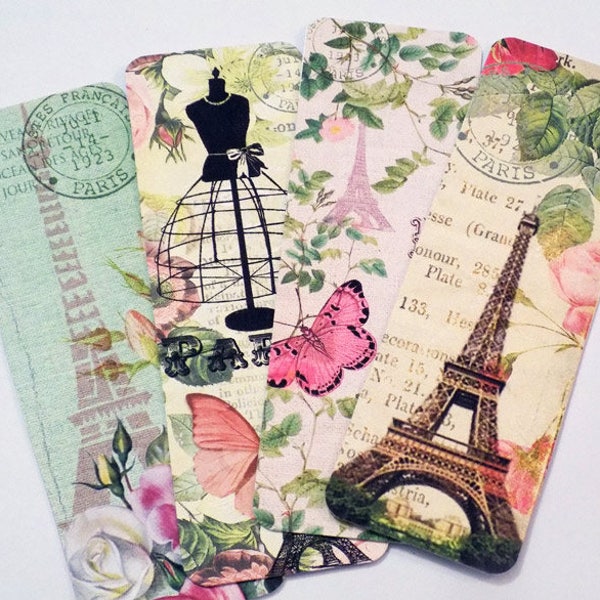 Paris bookmarks - Set Of 4 -  Spring Paris - Eiffel Tower - Cottage Chic - Book Accessories - Book Gift -  - Vintage Look-Bookish