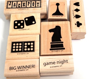 New Retired Stamps-Stampin Up-Game Night-Set of 7 Stamps-Chess-Dominoes-Board Game-Cards-Wooden Set-Junk Journals-Scrapbooks-Cards-Crafting