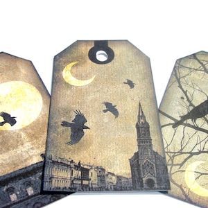 Gothic Tags-Set of 8-RavenTags-Night Scenes-Eerie Landscape-Gothic Ravens- Card Making-Junk Journals-Scrapbooking-Handmade-Sirius Fun