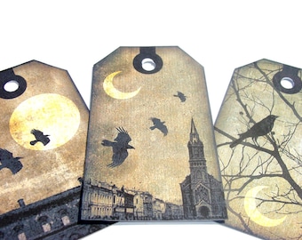 Gothic Tags-Set of 8-RavenTags-Night Scenes-Eerie Landscape-Gothic Ravens- Card Making-Junk Journals-Scrapbooking-Handmade-Sirius Fun