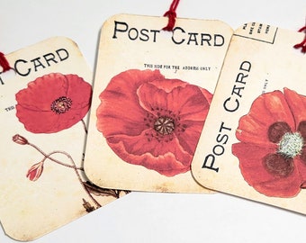 Red Poppy Tags-Set of 6-Red Flower Tag-Postcard Poppies- Garden Tagss-Cottage Chic-Junk Journals-Stationary--Scrapbooks-Crafts-Handmade