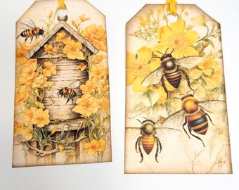 Honeybee Tags-Set of 6-Insect Tags-Garden Tags-Yellow Flowers-Cottage Style-Summer Tags-Stationary-Junk Journal-Scrapbooks-Crafting-Handmade