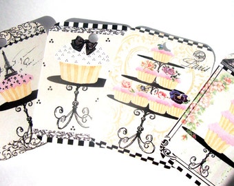 Paris Cupcake Tags- Set of 4-French Bakery-Patisserie-Cottage Style-Elegant Cupcakes-Stationary-Junk Journals-Scrapbooks-Cards-Handmade