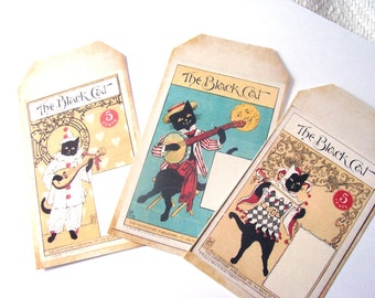 Black Cat Tags -Set of 9  Vintage Look-Gift Tags-Magazine Cover Images-Chef Cat-Costumed Cats-Junk Journals-Scrapbooks-Cards-Stationary