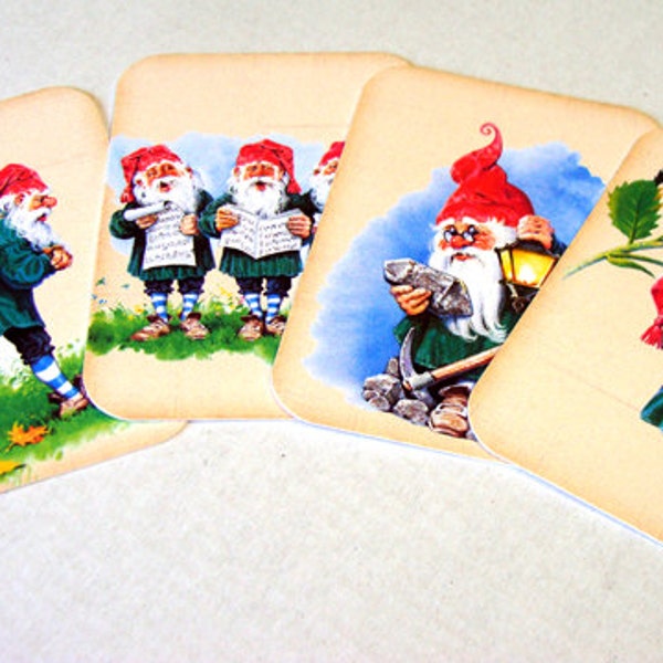 Gnome Note Cards - Set Of 4 - Fantasy Cards - Garden Cards - Flat Cards - Gnomes Singing - Garden Gnomes  - Mining Gnomes - Strrawberries