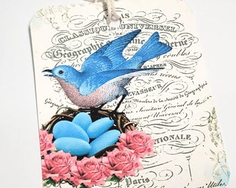 Bluebird Tags-Set of 6-Spring Bird-Blue Eggs-French Print-Cottage Style-Bird Tags-Junk Journals-Scrapbooks-Stationary-Handmade-Sirius Fun