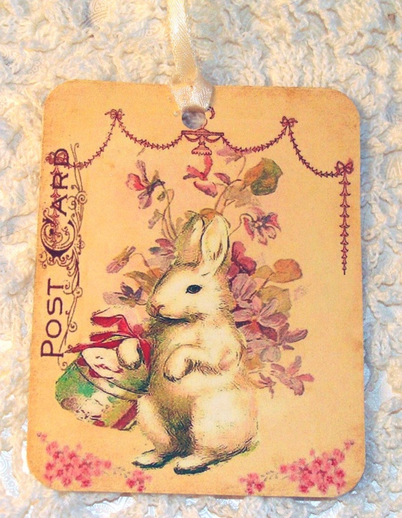 Spring Bunny Tags Set of 4 Vintage Bunny Gift Tags Easter Bunny Strawberry Bunny Garden Bunny Cottage Chic Thank Yous image 4