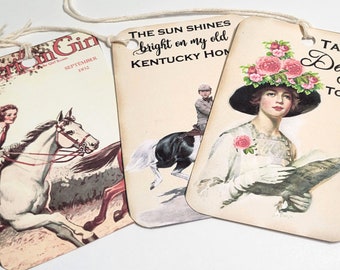 Kentucky Derby Tags-Set of 6-Vintage Look-Race Horses-Fancy Hat-Jockeys-Junk Journaling-Scrapbooking-Crafting-Gift Tags-Handmade-Sirius Fun